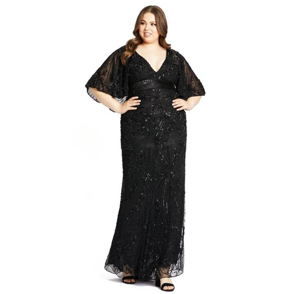 MAC DUGGAL Flounce Flutter Cape Maxi Dress Size 22 Black Beaded Evening - Picture 1 of 5